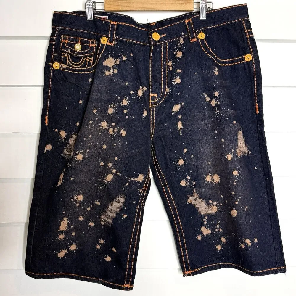 TRUE RELIGION Billy T Flap Pocket Denim Shorts Bleach Splatter Size 42 NWT
